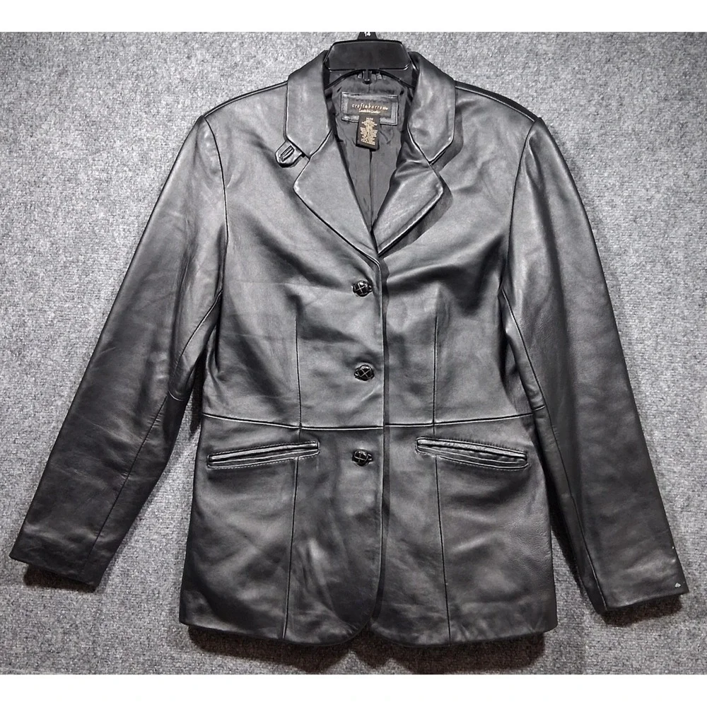 Croft & Barrow Womens Black Lambskin Genuine Leather 3-Button‎ Blazer Jacket M